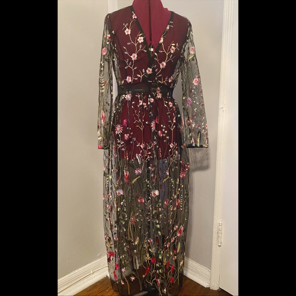 SOLD!! NWOT Floral Embroidered Mesh Maxi Dress